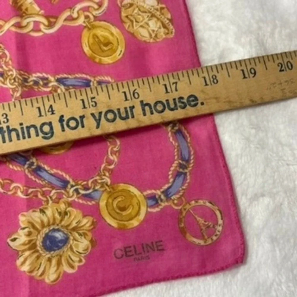 Vtg CELINE Scarf Handkerchief Chain Medallion Pink Gold Blue 18